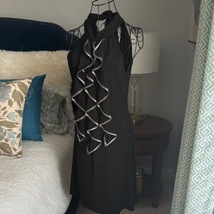 BCX Black Halter Dress with Silver Ribbon Detail